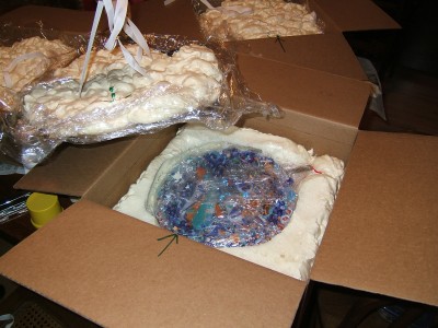 Packing for the mosaic "Rhythm 'n' Blues Plate Special" shipped from Glencliff Art Studio in Austin, TX