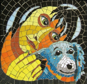 Girl and Dog mosaic made by Lynn Bridge of Glencliff Art Studio in Austin, Texas, for a therapy dog wall at Dell Children's Medical Center