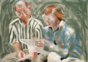 pastel sketch of John and Suzi Parker by Lynn Bridge