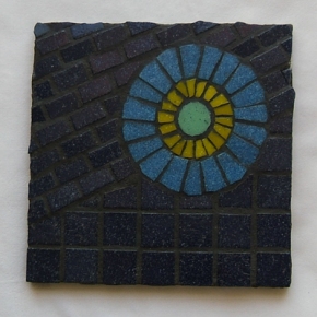 Blue Construction mosaic made as a sample for a class at Glencliff Art Studio in Austin, Texas